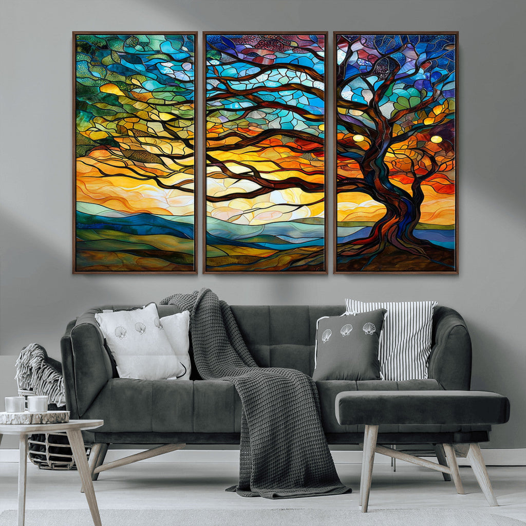 Vibrant Mosaic Tree of Life Wall Art, Stained Glass Style Canvas Print