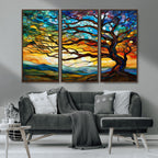 Vibrant Mosaic Tree of Life Wall Art, Stained Glass Style Canvas Print