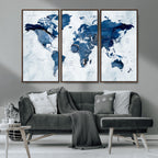 Modern Blue World Map Canvas Print | Elegant Travel Map Wall Art for Home Office