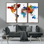 Colorful World Map Canvas Wall Art Print, Contemporary Global Map Artwork