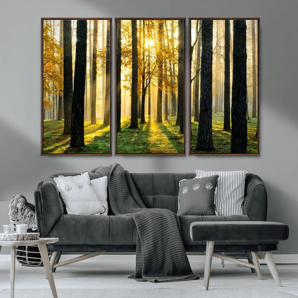 Sunlit Forest Wall Art Canvas Print, Large Framed Woodland Scene with Golden Light