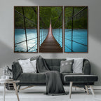 Suspension Bridge Over River Canvas Art | 3-Panel Nature Wall Art