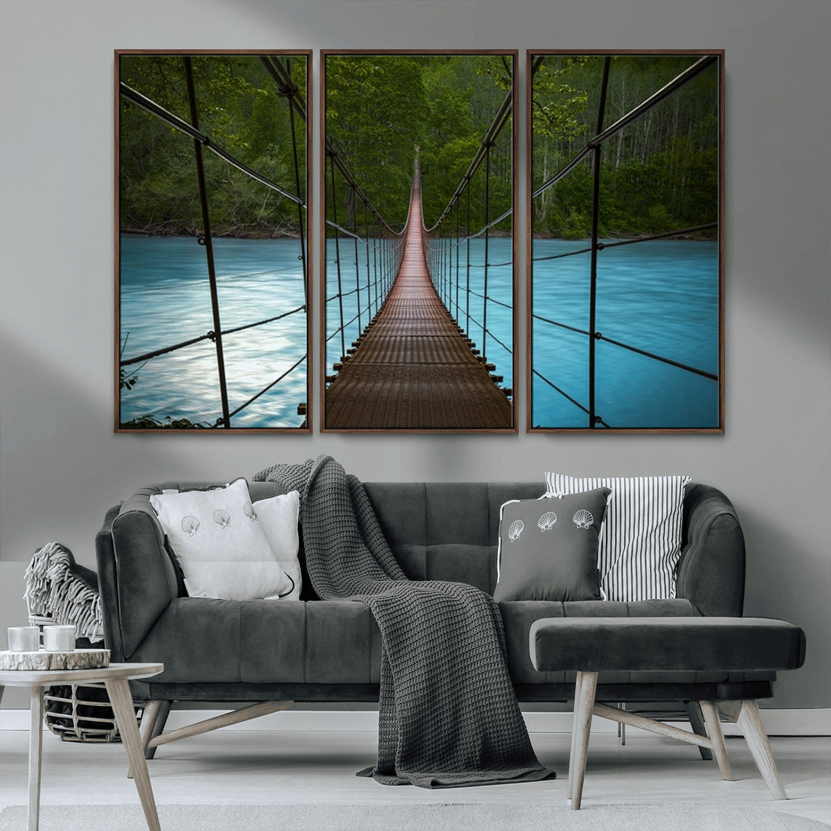 Suspension Bridge Over River Canvas Art | 3-Panel Nature Wall Art
