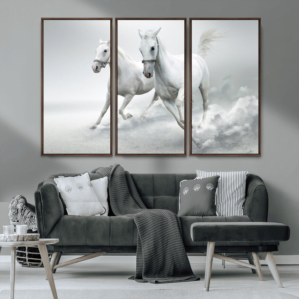 Large Wall Art Canvas Print, Beautiful Running White Horses