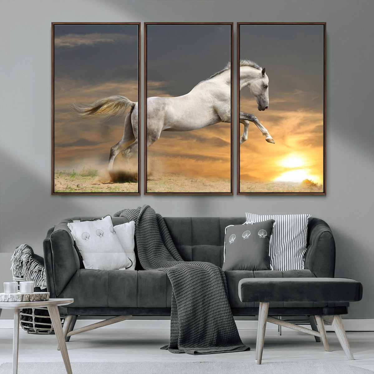 Large Wall Art Canvas Print, White Jumping Horse at Sunset