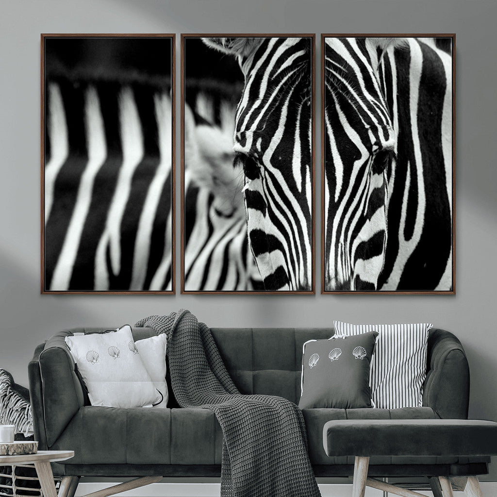 Zebra Wall Art | Zebra Close Up Canvas Print | Framed Black and White Wildlife