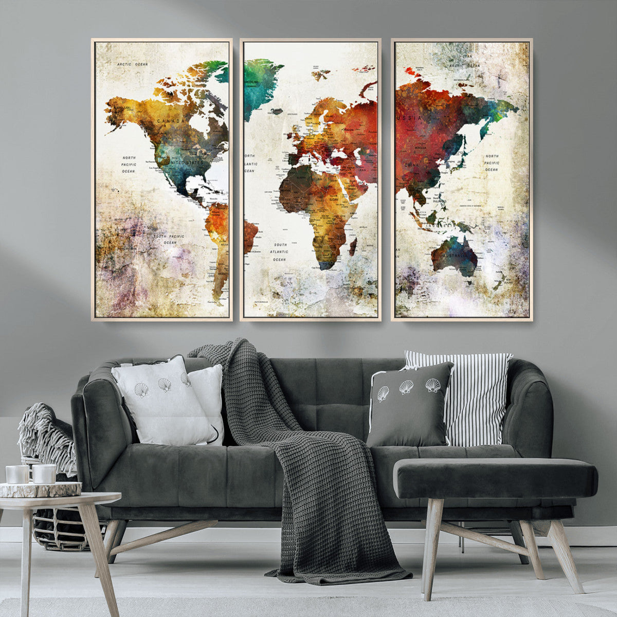Watercolor World Map Canvas Print | Framed Travel Map Wall Art for Couples