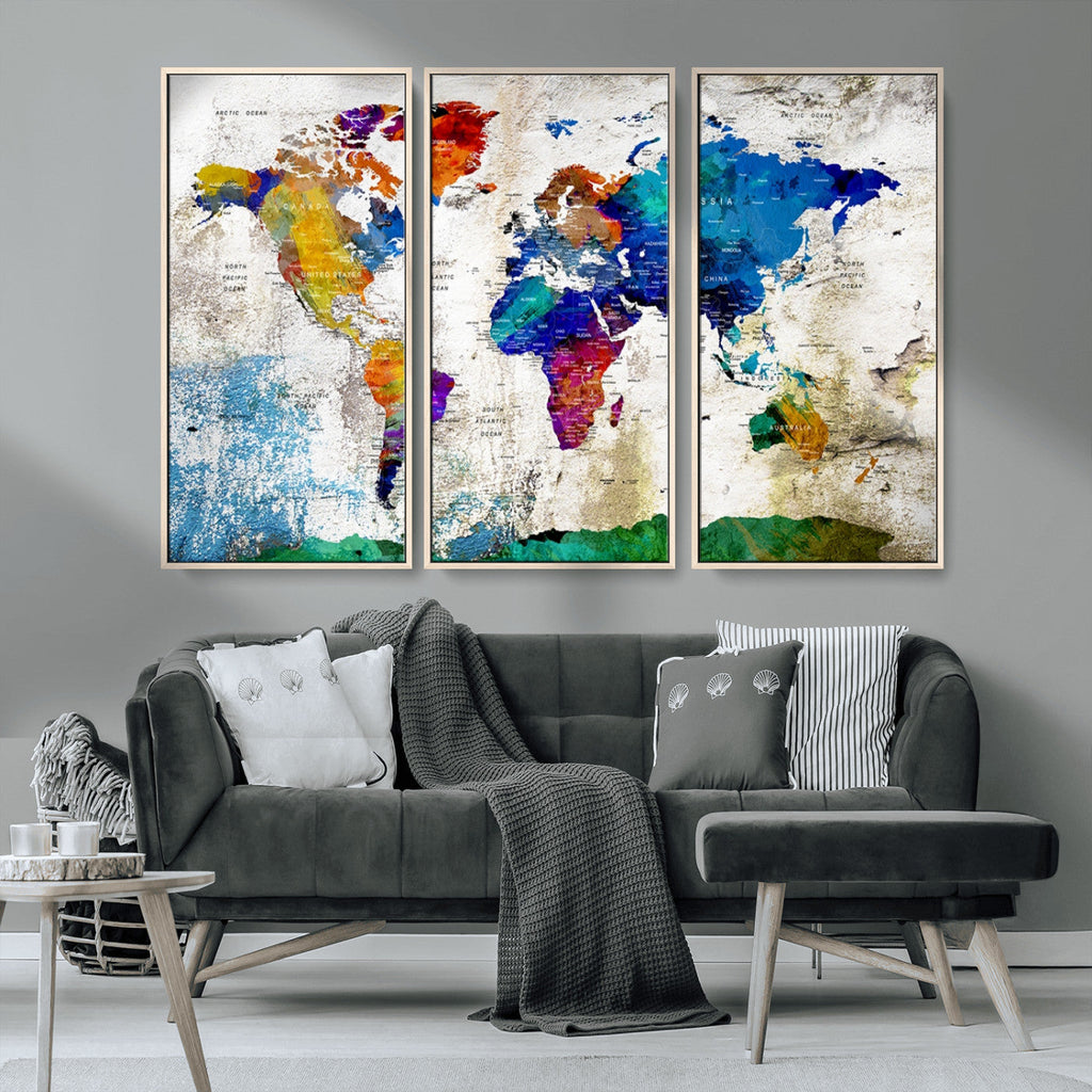 Navy Blue and Orange Watercolor World Map Canvas Print | Framed Travel Map