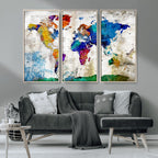 Navy Blue and Orange Watercolor World Map Canvas Print | Framed Travel Map