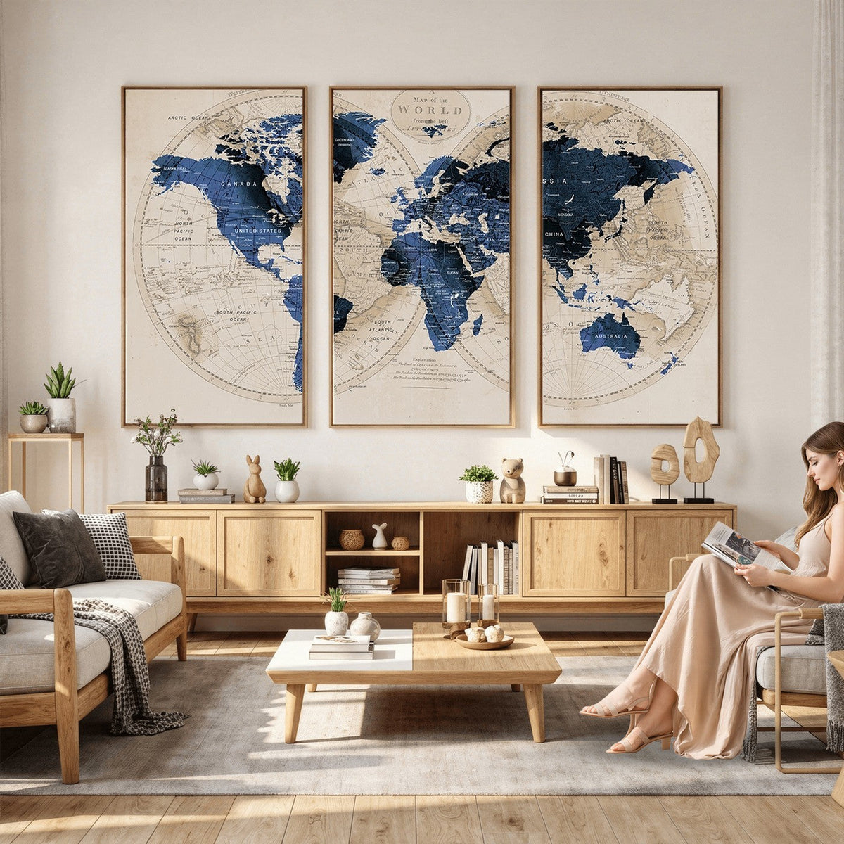 Vintage Blue World Map Canvas Wall Art | Antique Style Framed Map Print