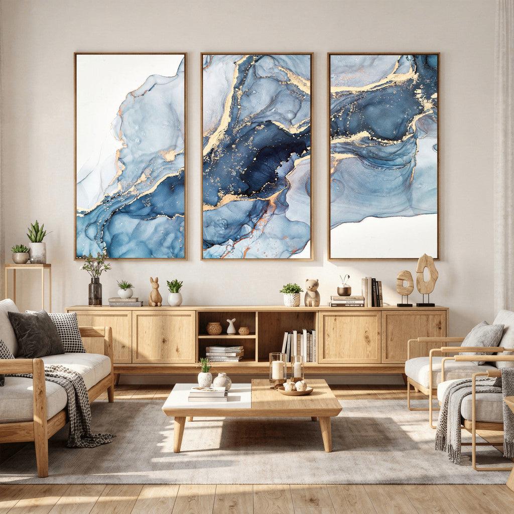 Blue Abstract Canvas Wall Art Print | Fluid Marble Effect Abstract Art