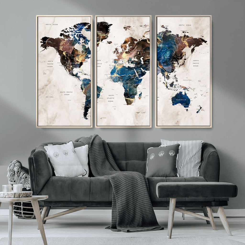 Abstract Earth Tone Blue World Map Canvas Print | Framed Travel Map Wall Art