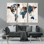 Abstract Earth Tone Blue World Map Canvas Print | Framed Travel Map Wall Art