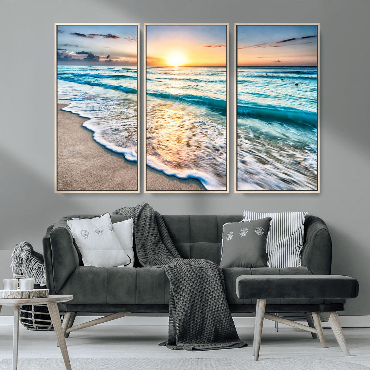 Sunset Beach Waves Canvas Wall Art | Ocean Sunset Coastal Print