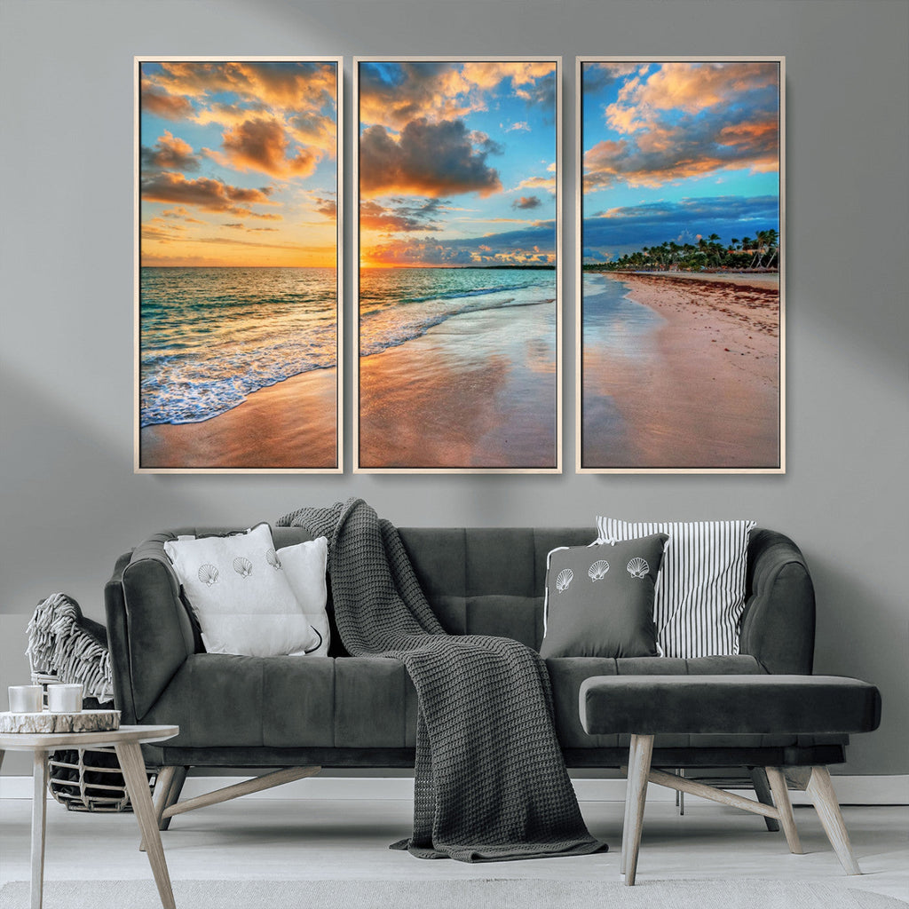 Sunset Beach Canvas Wall Art | Tropical Triptych Seascape Print