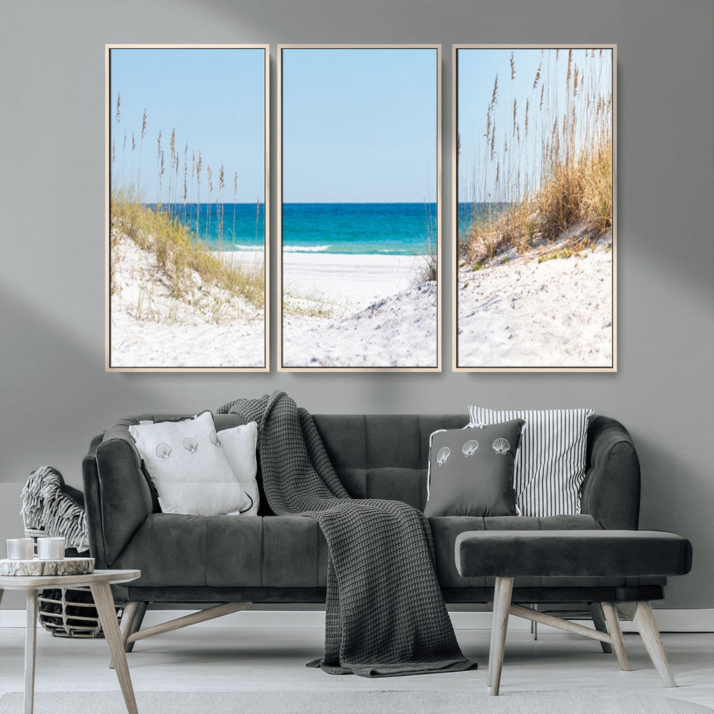 Serene Coastal Dune Path with Ocean View, 3-Panel Beach Canvas Wall Art