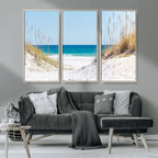 Serene Coastal Dune Path with Ocean View, 3-Panel Beach Canvas Wall Art