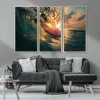 Ocean Wave Sunset Canvas Wall Art | Triptych Seascape Print