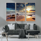 Golden Hour Beach Sunset Canvas Triptych, Ocean Waves and Rocks Wall Art