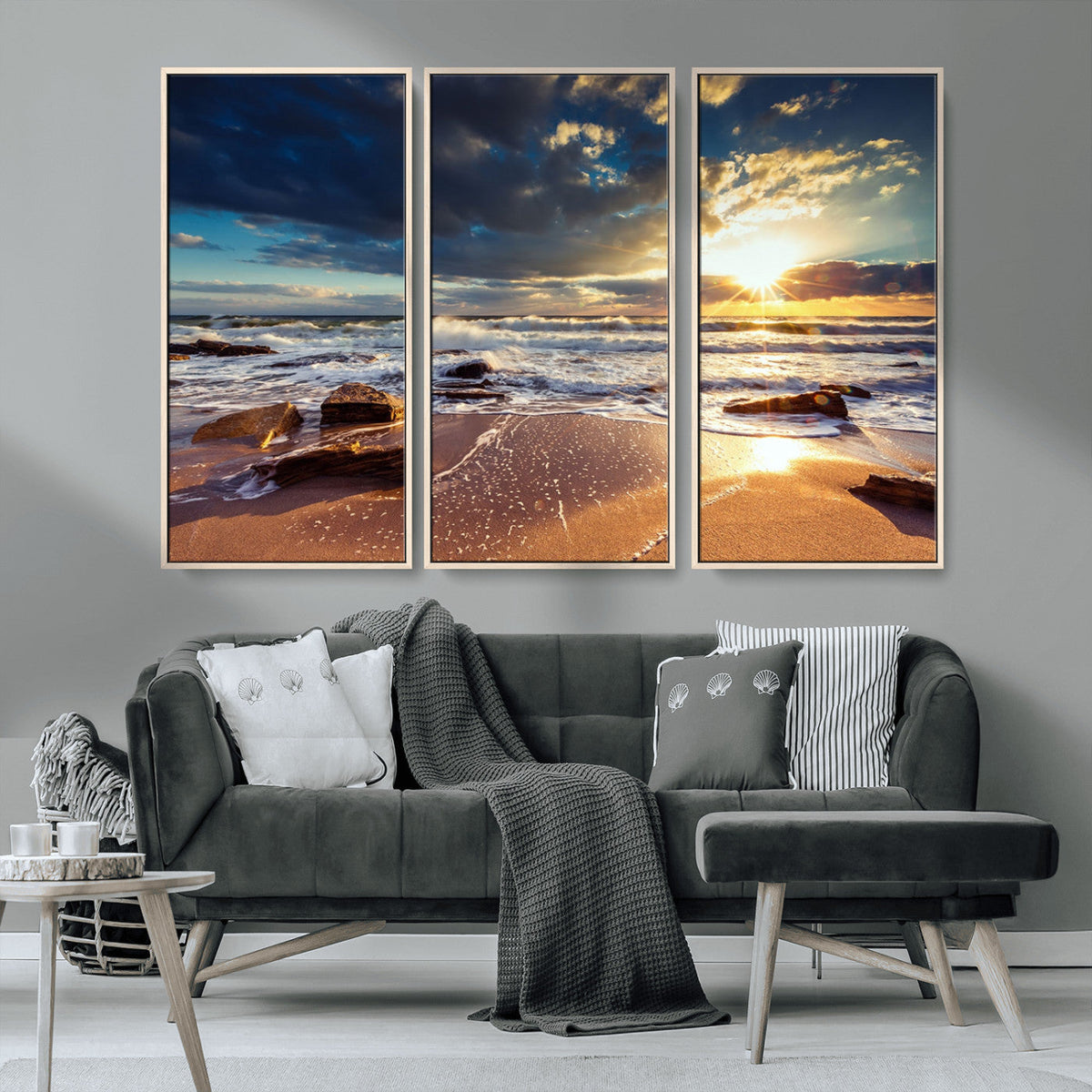 Golden Hour Beach Sunset Canvas Triptych, Ocean Waves and Rocks Wall Art
