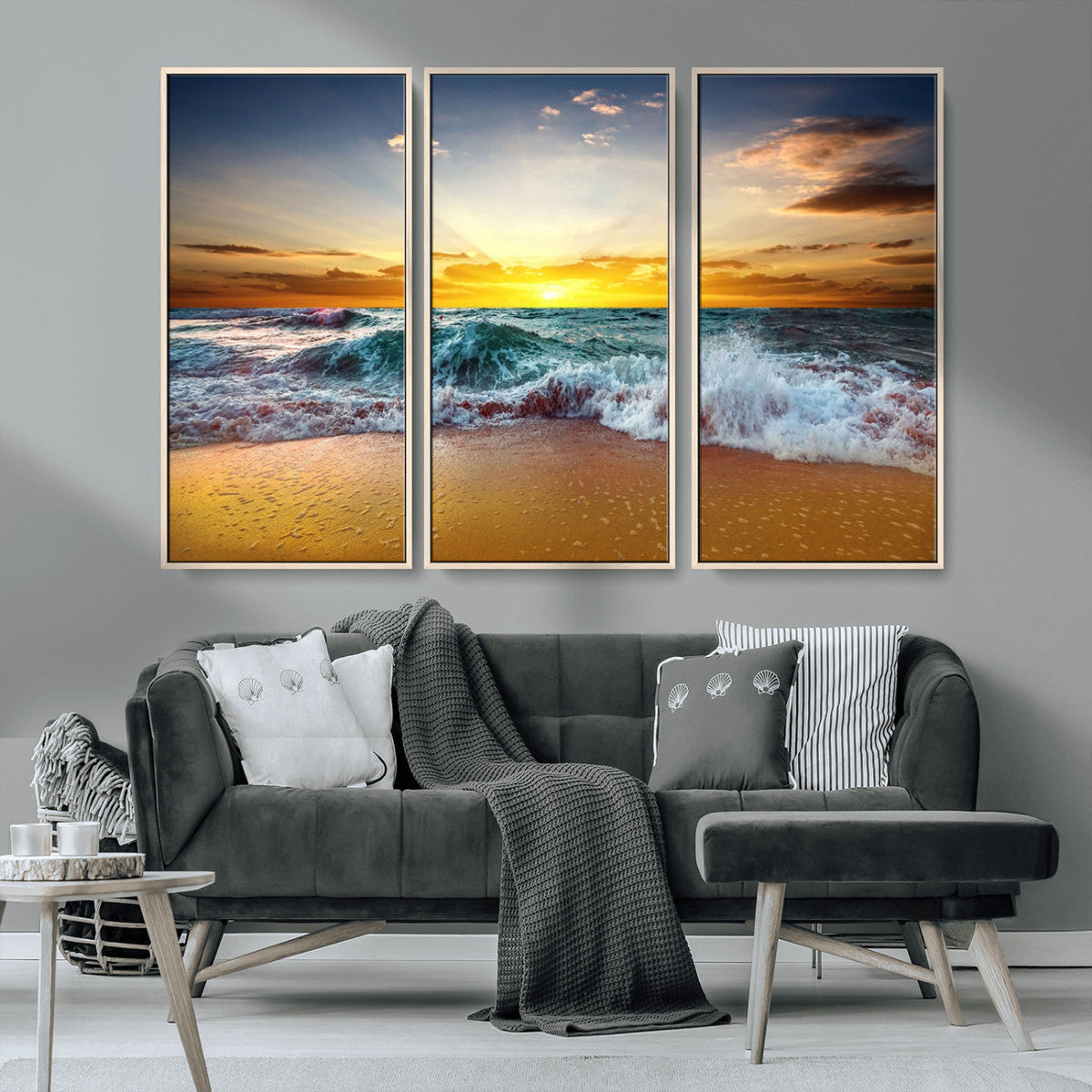 Golden Sunset Ocean Waves Wall Art Canvas Print | Multi Panel Beach Canvas Set, Coastal Triptych