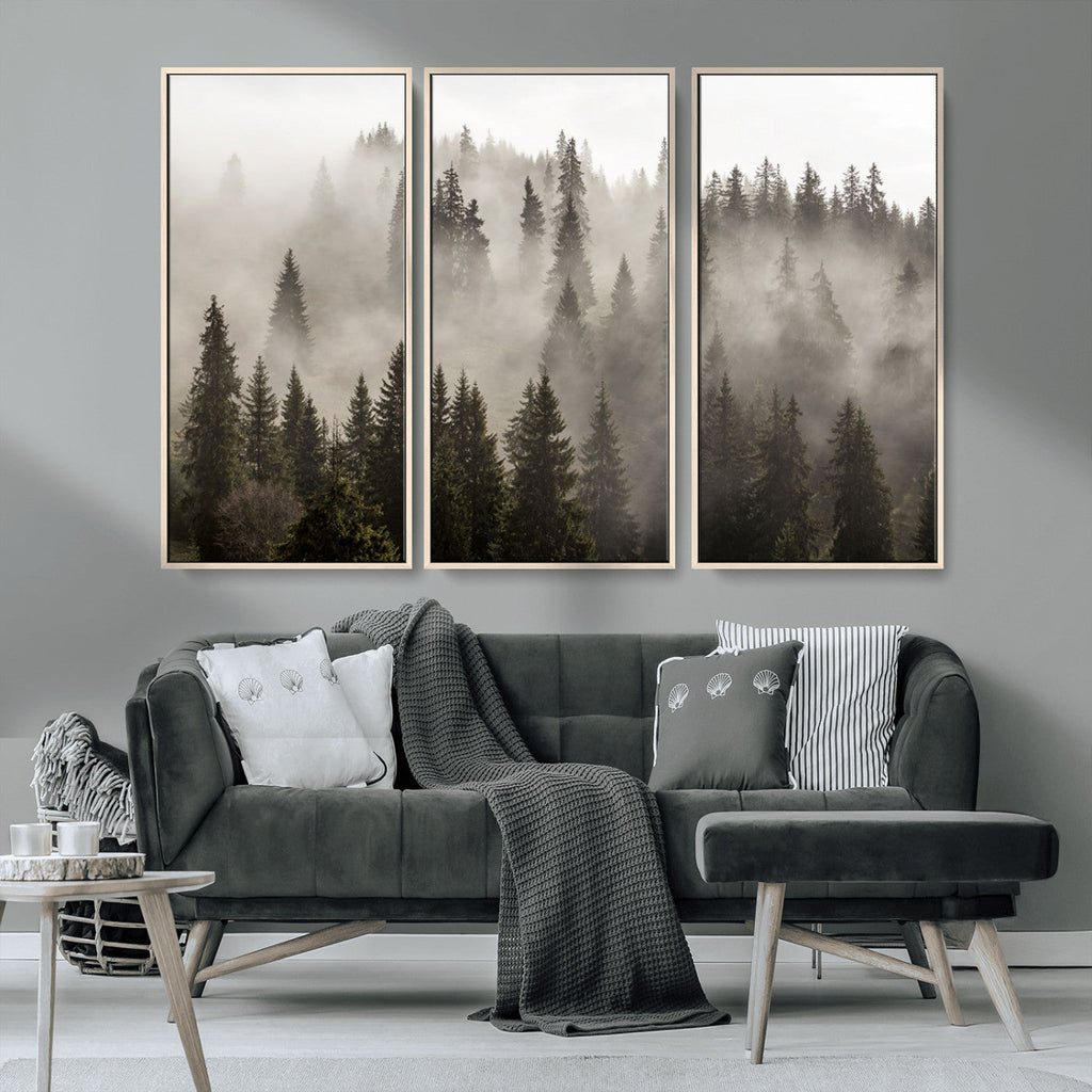 Foggy Mountain Wall Art | 3-Panel Foggy Forest and Mountain Landscape Canvas Print