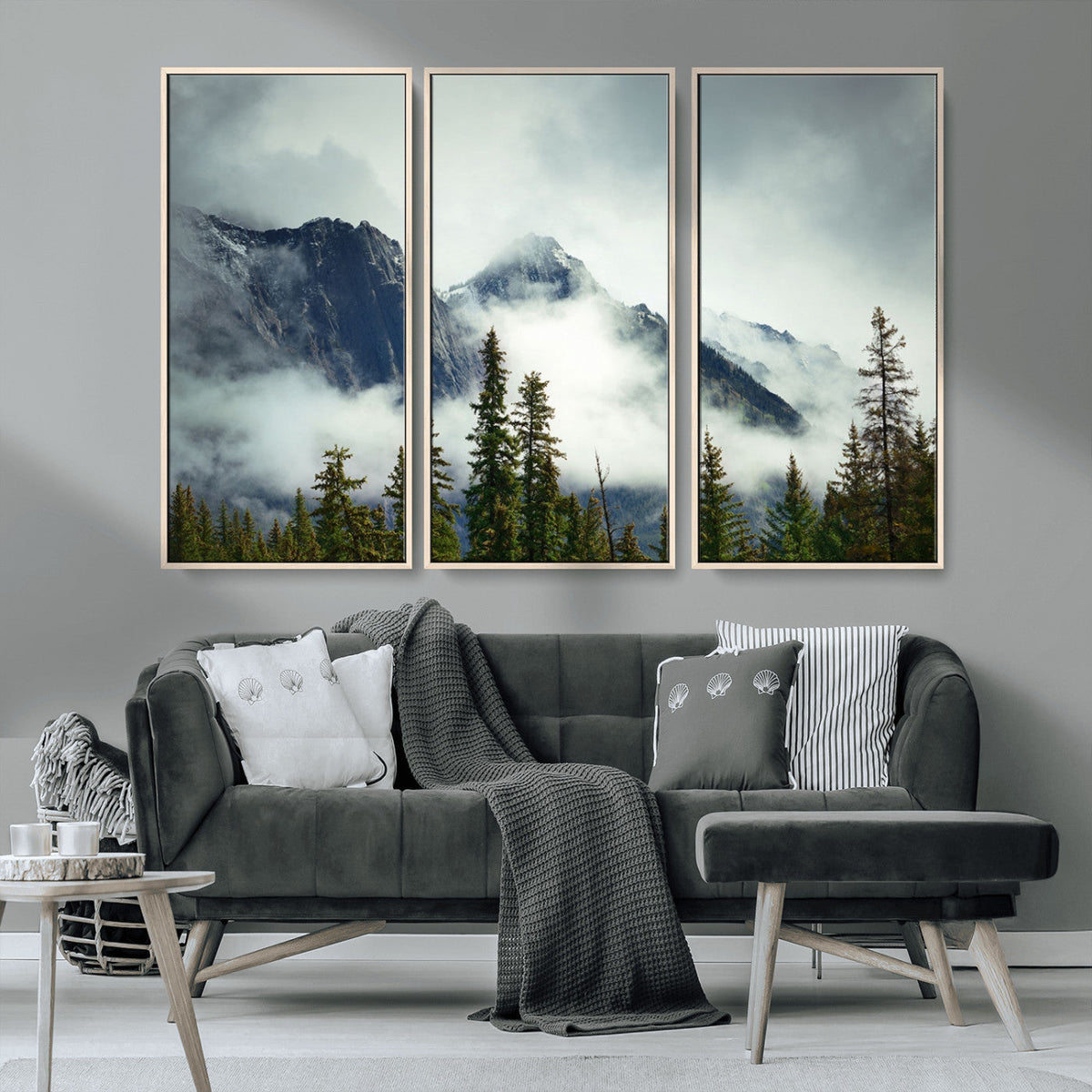 Mountain Mist Canvas Wall Art Print | 3-Panel Foggy Forest and Mountain Landscape