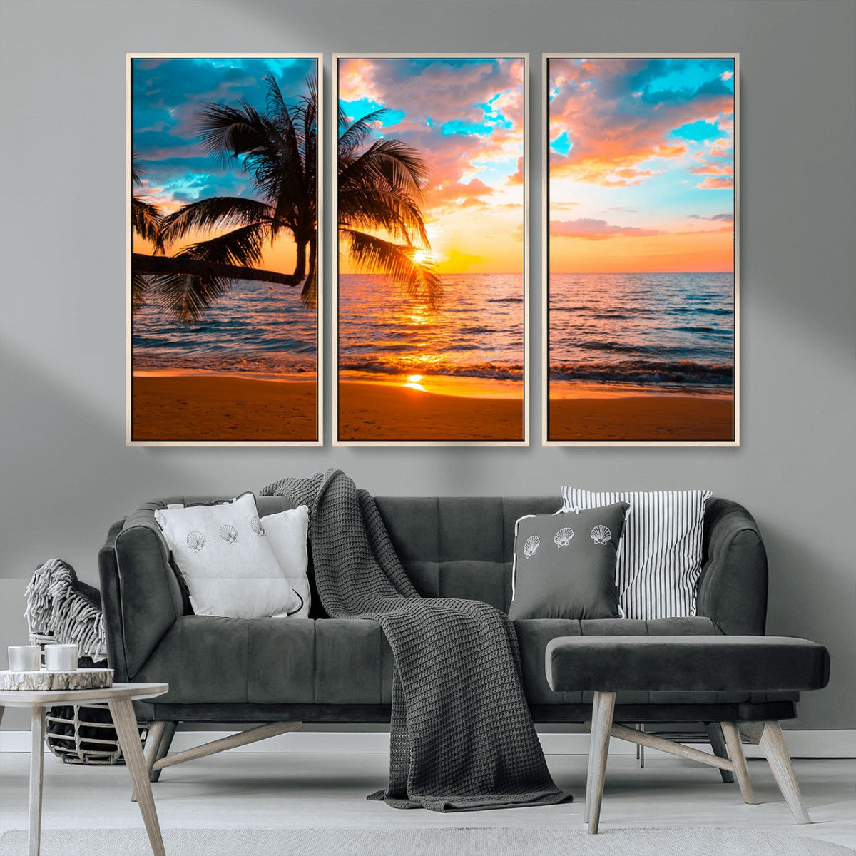 Palm Tree Sunset On The Beach Wall Art Canvas, Framed Palm Tree Sunset Canvas Print