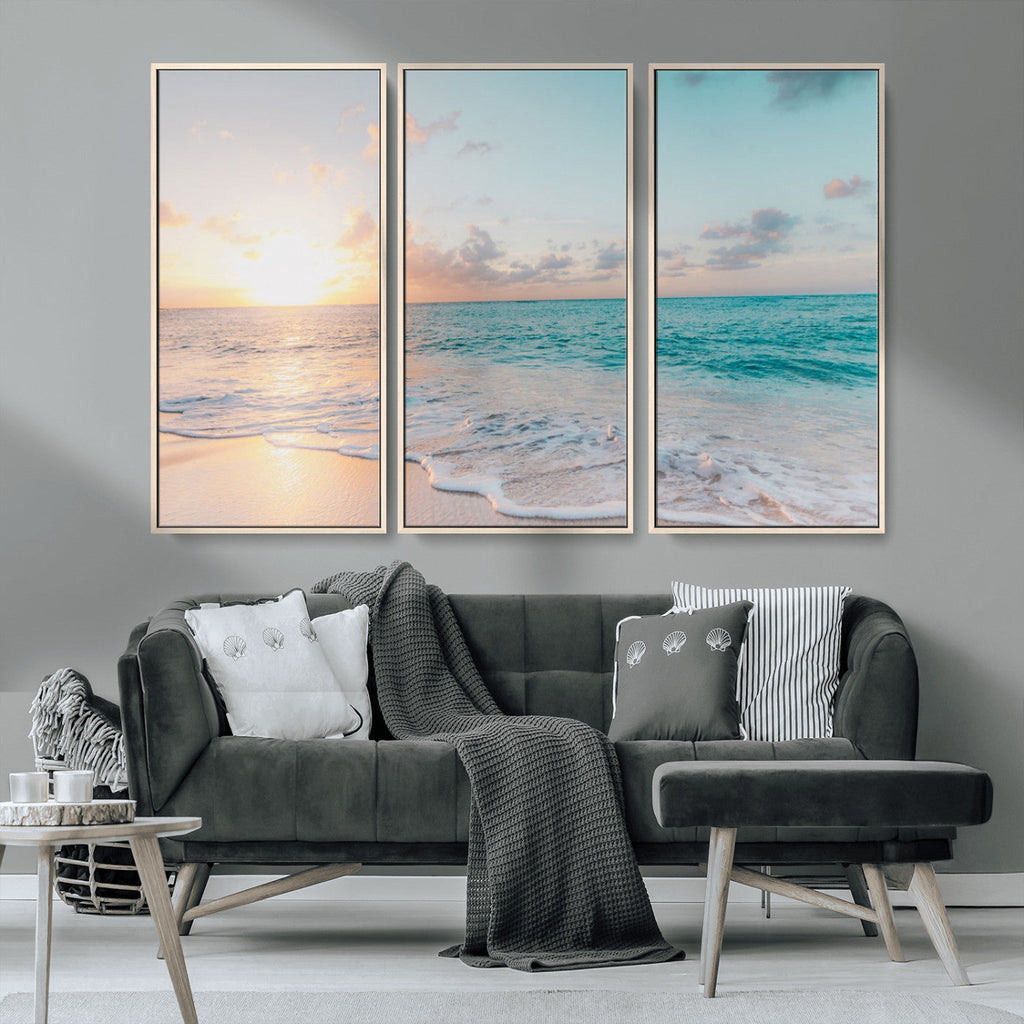 Tranquil Ocean Beach Sunset Canvas Wall Art | 3-Panel Coastal Decor