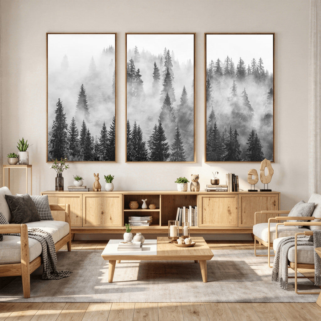Forest Wall Art Print | Foggy Pine Forest Canvas Wall Art, Black and White Nature Decor