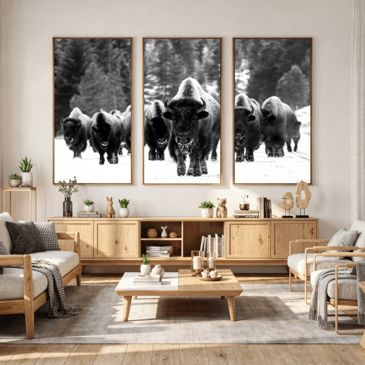 Bison Herd in Snow Wall Art Canvas Print | Rustic Western Bison Wall Art for Living Room and Farmhouse Decor