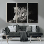 Lion Couple Wall Art Canvas Print, Elegant Black and White Wildlife Portrait