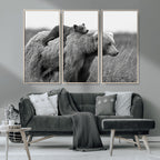 Bear and Cub Wall Art Canvas | Grizzly 399 Bear and Cub Black and White Wildlife Print