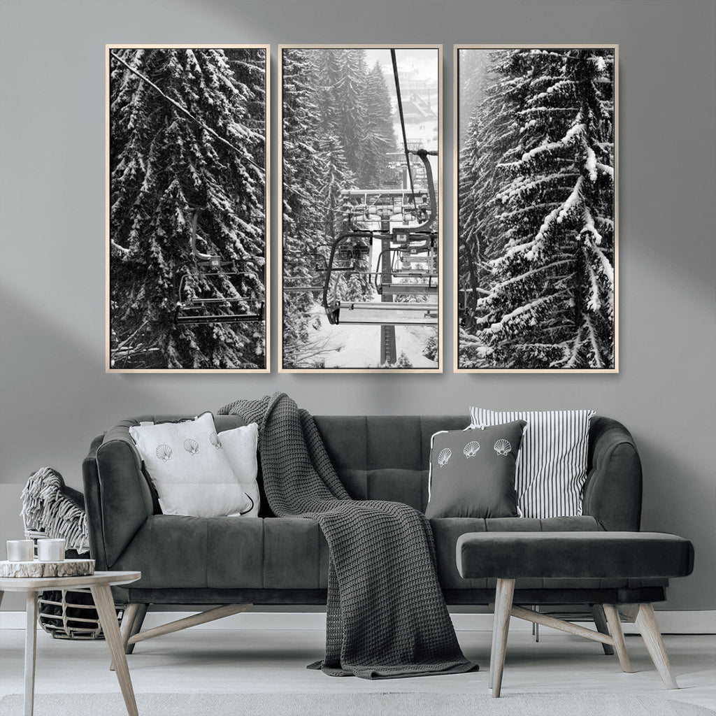 Winter Ski Lift Black and White Canvas Wall Art | Alpine Escape in Minimalist Style