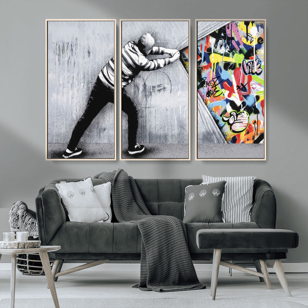 Banksy Art Behind the Curtain Street Wall Art Canvas Print | Urban Graffiti Style Wall Decor