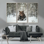 Grizzly Bear Wall Art | Framed Snowy Forest Canvas Artwork
