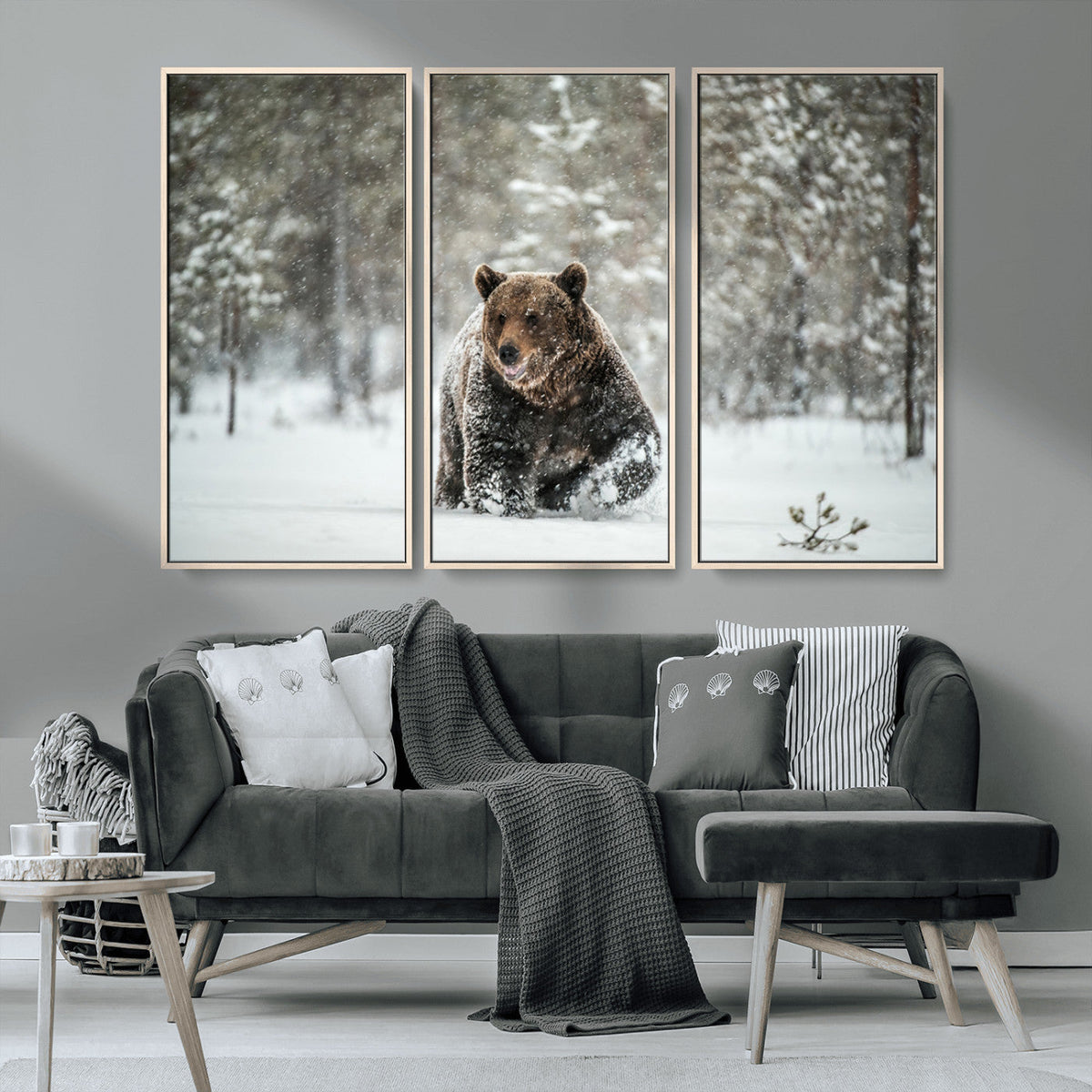 Grizzly Bear Wall Art | Framed Snowy Forest Canvas Artwork