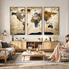 World Map Wall Art | Antique Style Blue and Brown Map Canvas Print