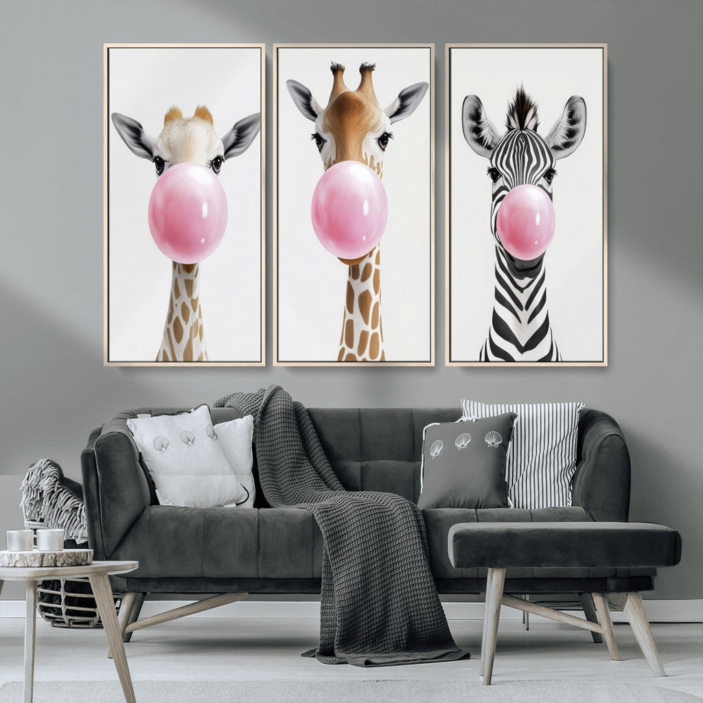 Bubblegum Animals Canvas Wall Art, Playful Giraffe and Zebra Trio, Whimsical Nursery and Kids Room Decor