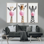 Bubblegum Animals Canvas Wall Art, Playful Giraffe and Zebra Trio, Whimsical Nursery and Kids Room Decor