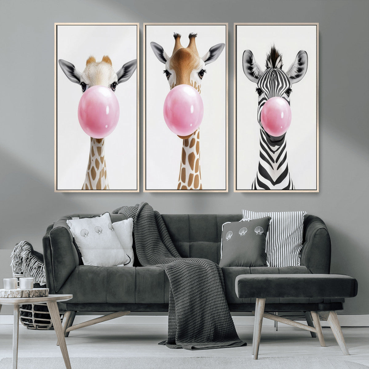 Bubblegum Animals Canvas Wall Art, Playful Giraffe and Zebra Trio, Whimsical Nursery and Kids Room Decor