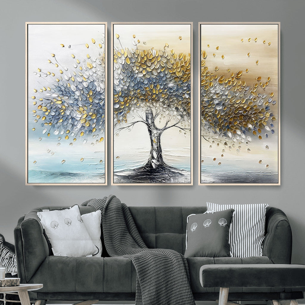 Golden and Silver Tree Wall Art | Framed Elegant Leaves Canvas