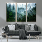 Misty Forest Wall Art Canvas Print, Framed Foggy Mountain Art, Large Scenic Woodland Canvas