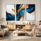 Gold Blue Abstract Canvas Print, Elegant Navy and Gold Marble Flow