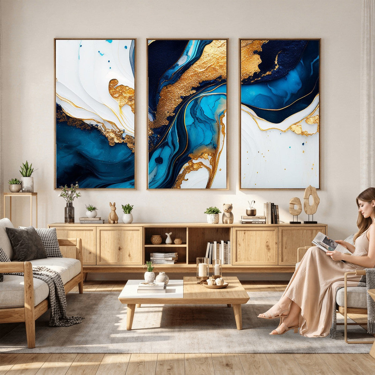 Gold Blue Abstract Canvas Print, Elegant Navy and Gold Marble Flow