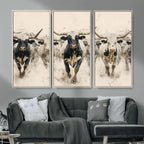 Texas Longhorn Wall Art | Framed Cattle Walking Canvas