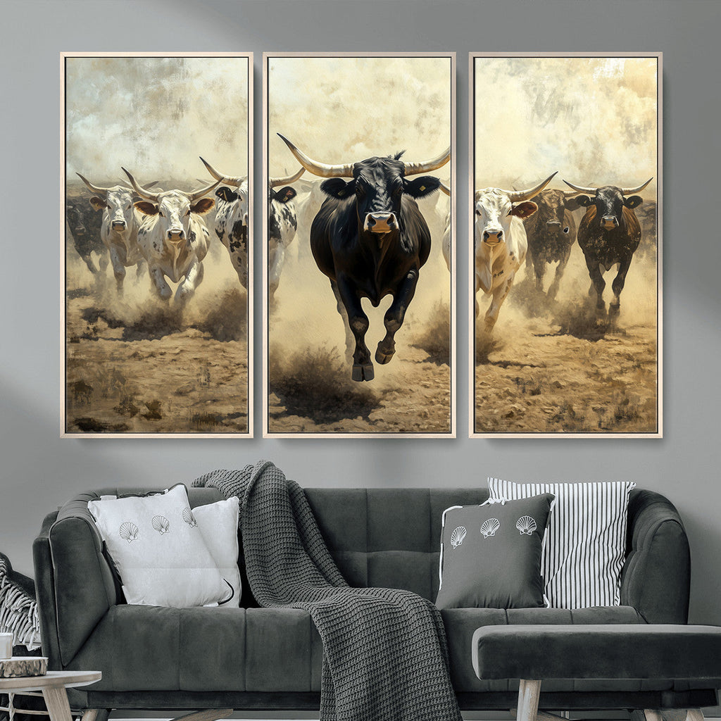 Texas Longhorn Wall Art | Framed Charging Cattle Canvas