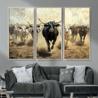 Texas Longhorn Wall Art | Framed Charging Cattle Canvas