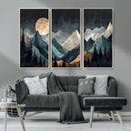 Moonlit Mountain Wall Art Canvas Print, Framed Silhouetted Pines Art, Layered Peaks Rustic Decor