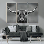 Texas Longhorn Wall Art Canvas Print, Framed Western Bull Photography, Rustic Log Cabin Decor